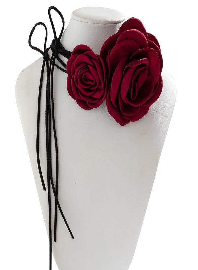 Rannyrena Vinatge Large Flower Choker Necklace 2pcs 3pcs Suede Long Wrap Necklaces Set Bow-knot Layered Tie Necklace with Artificial Rose Boho Party Accessories for Women (2 red) - Image 3